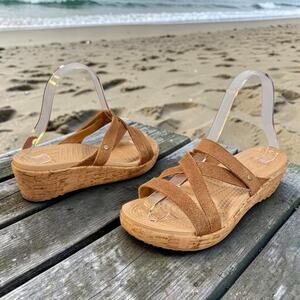 Crocs Women's 6 Tan Suede Leather A-Leigh Cork Wedge Strappy Heeled Sandals